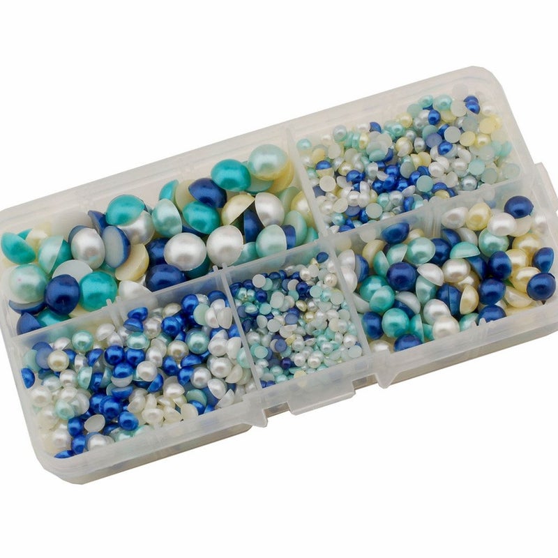 Summer-Ray.com Summer-Ray 3mm to 10mm White  Ivory  Baby Maize & Blue Flat Back Pearl Collection in Storage Box - Image 1